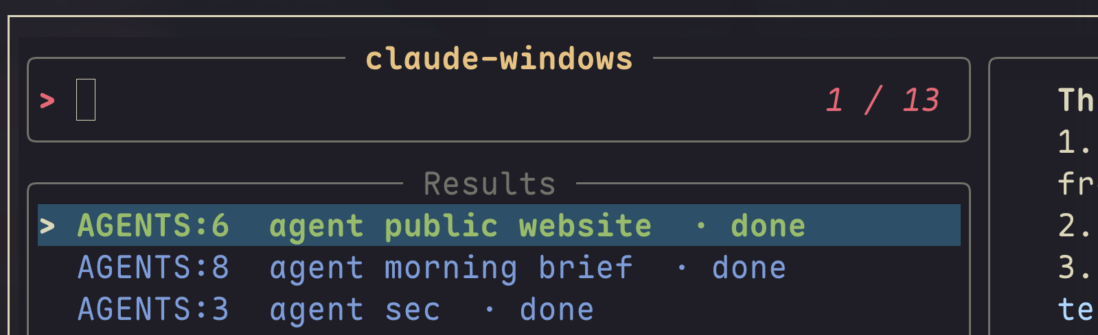 Window selector shows all Claude windows across tmux sessions