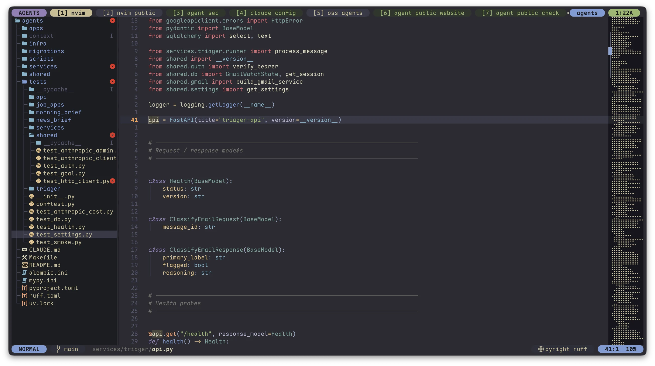 Neovim inside tmux with the agents repo open